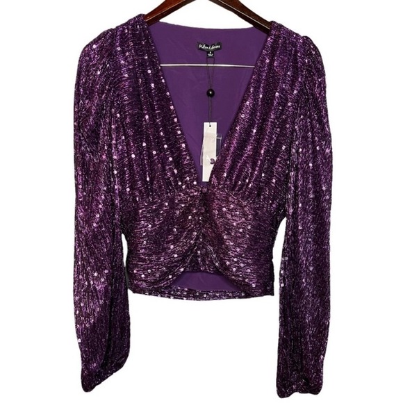 For Love and Lemons La Villette Purple Sparkle Deep V Shimmer Top Shirt Blouse - Picture 4 of 5